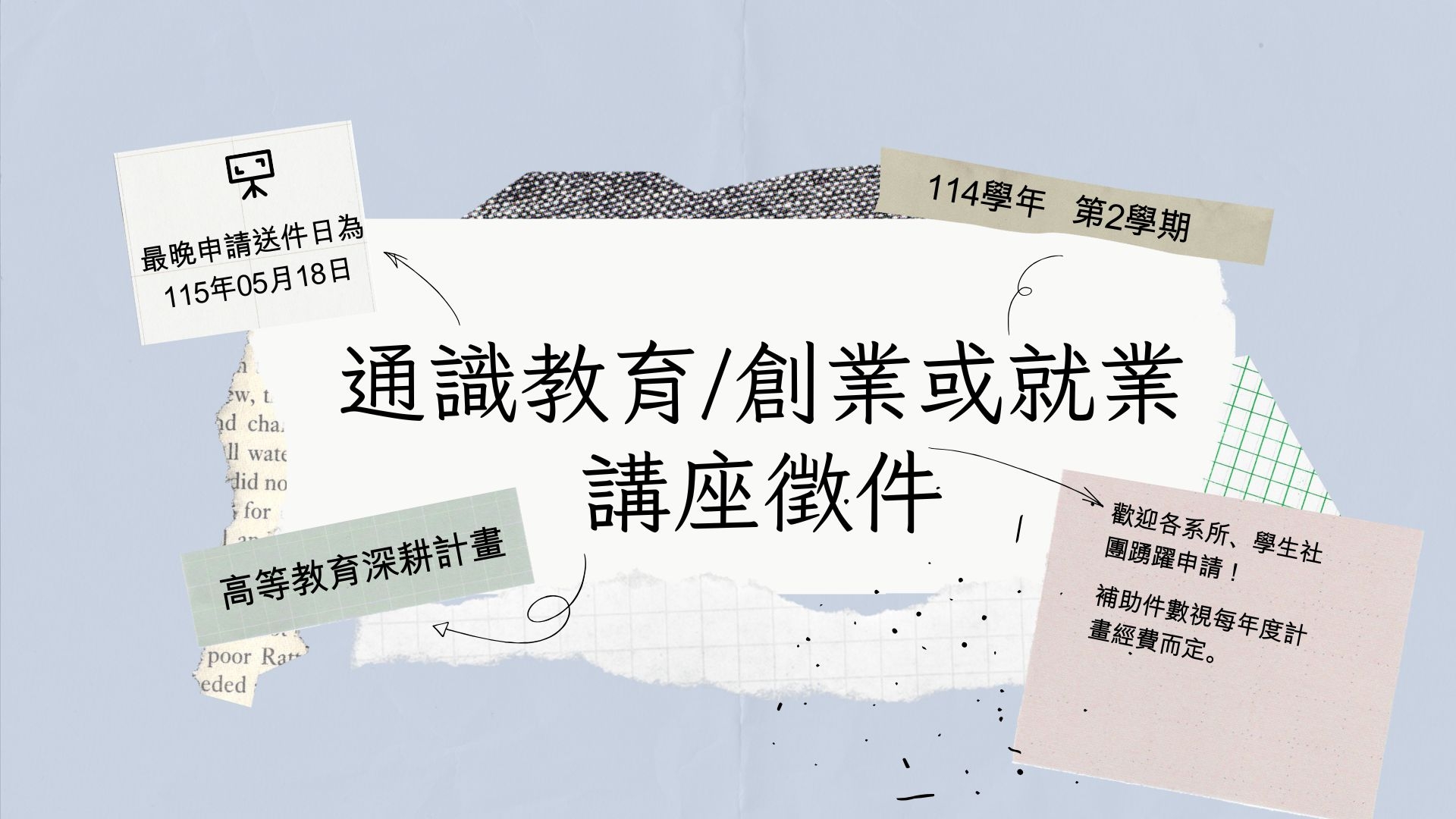 114學年度第2學期通識教育/創業或就業講座徵件，自即日起開放申請
